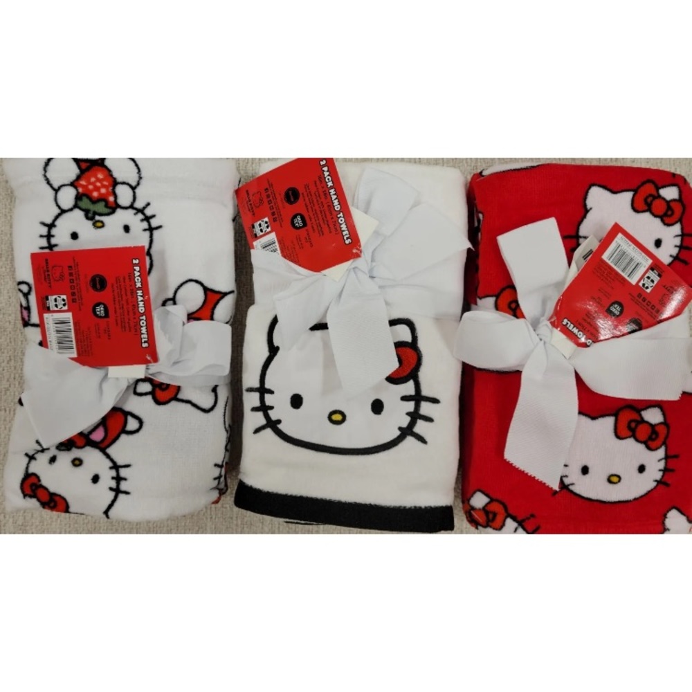 Set of 3 Sanrio Hello Kitty 2pk Hand Towels Printed White, Red, Strawberry RARE